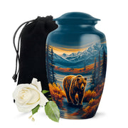 Vivid Blue Bear Cremation Urn angled view of lid and engraved motif - traditional bear engraving with hand-polished finish - full-size 10 inch 200 cubic inch adult cremation urn