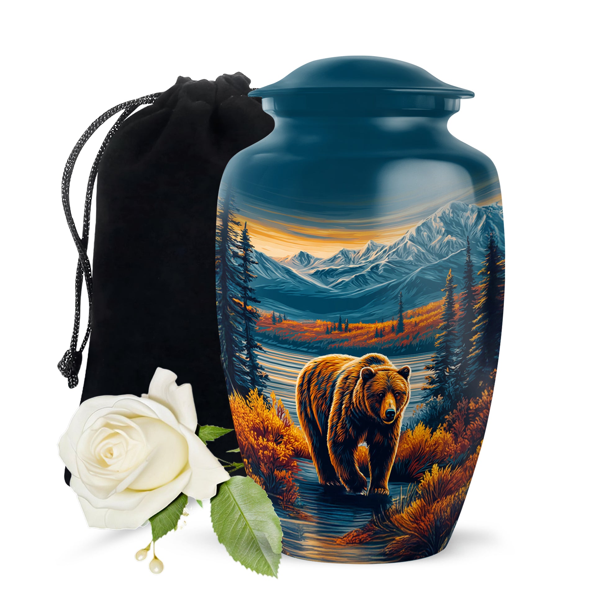 Vivid Blue Bear Cremation Urn angled view of lid and engraved motif - traditional bear engraving with hand-polished finish - full-size 10 inch 200 cubic inch adult cremation urn