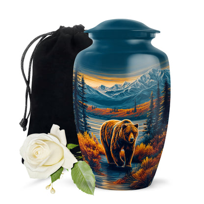 Vivid Blue Bear Cremation Urn angled view of lid and engraved motif - traditional bear engraving with hand-polished finish - full-size 10 inch 200 cubic inch adult cremation urn