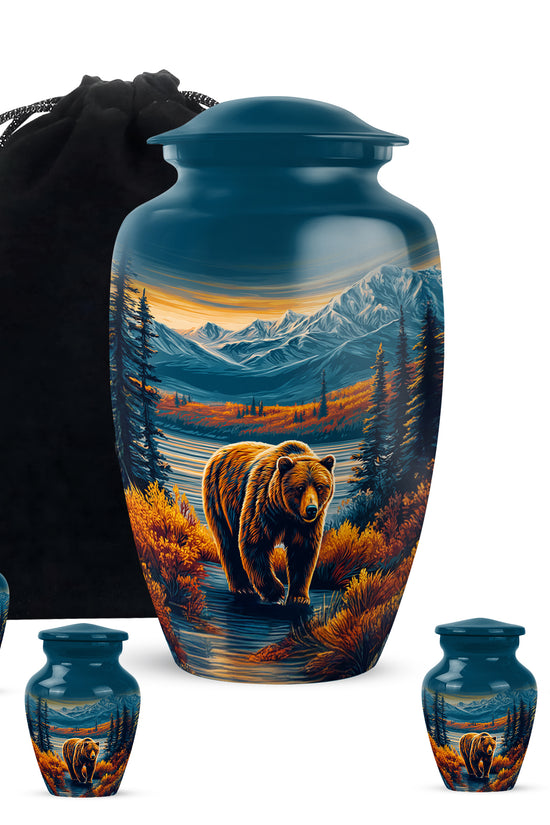 Icy Blue Bear Cremation Urn top-down view of secure threaded lid - timeless bear motif etched into premium metal - memorial set with one large and four small urns