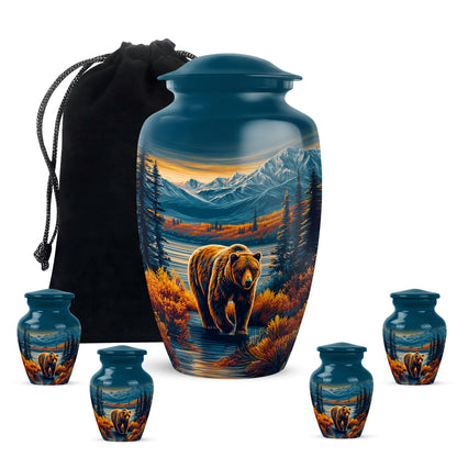 Icy Blue Bear Cremation Urn top-down view of secure threaded lid - timeless bear motif etched into premium metal - memorial set with one large and four small urns
