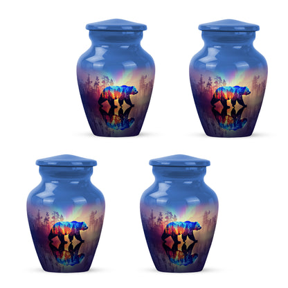 Soft Blue Bear Cremation Urn side profile showing urn shape - traditional bear engraving with hand-polished finish - 10 inch aluminum urn for cremated remains