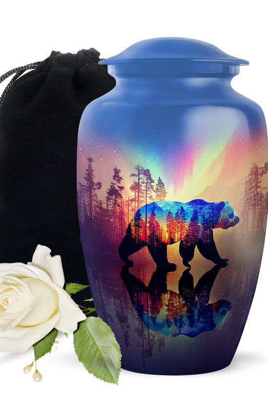 Powder Blue Bear Cremation Urn angled view of lid and engraved motif - classic sculpted bear pattern on smooth aluminum - full-size 10 inch 200 cubic inch adult cremation urn