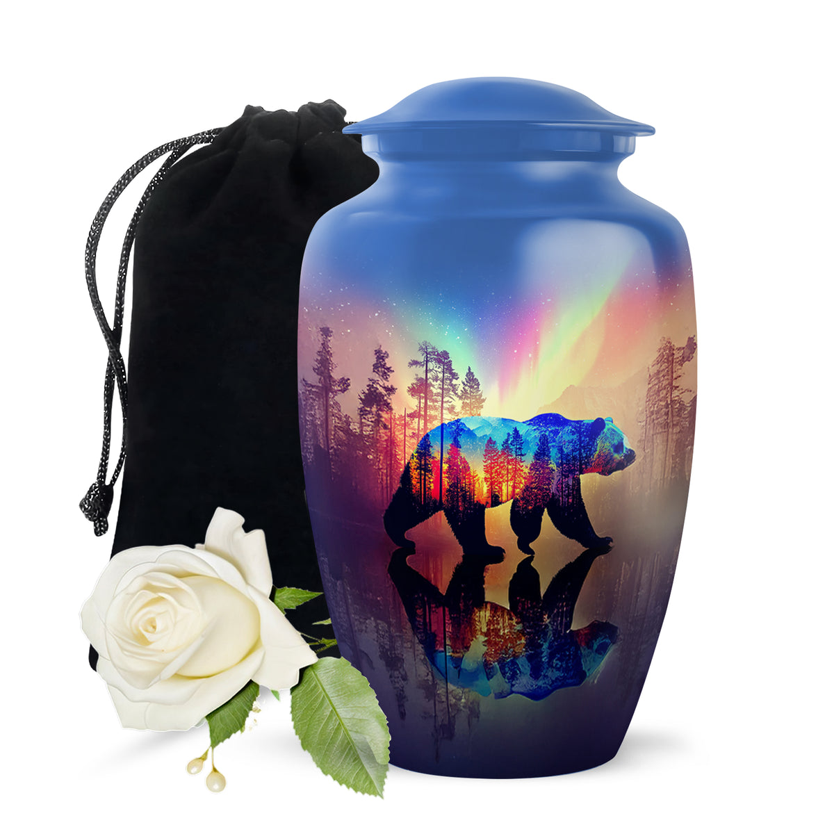 Powder Blue Bear Cremation Urn angled view of lid and engraved motif - classic sculpted bear pattern on smooth aluminum - full-size 10 inch 200 cubic inch adult cremation urn