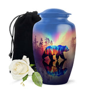 Powder Blue Bear Cremation Urn angled view of lid and engraved motif - classic sculpted bear pattern on smooth aluminum - full-size 10 inch 200 cubic inch adult cremation urn