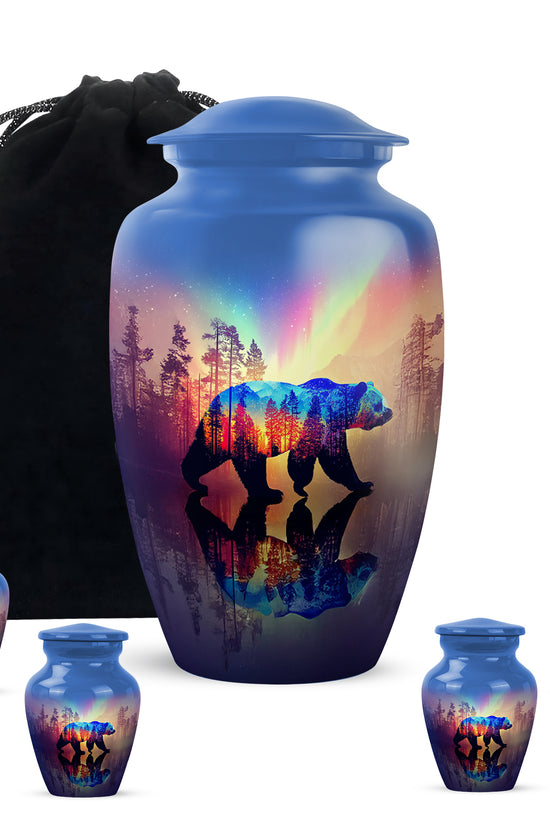 Soft Blue Bear Cremation Urn top-down view of secure threaded lid - traditional bear engraving with hand-polished finish - memorial set with one large and four small urns