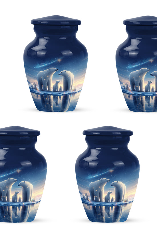Cornflower Blue Bear Cremation Urn side profile showing urn shape - elegant classic bear relief with fine detailing - 10 inch aluminum urn for cremated remains