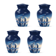 Cornflower Blue Bear Cremation Urn side profile showing urn shape - elegant classic bear relief with fine detailing - 10 inch aluminum urn for cremated remains