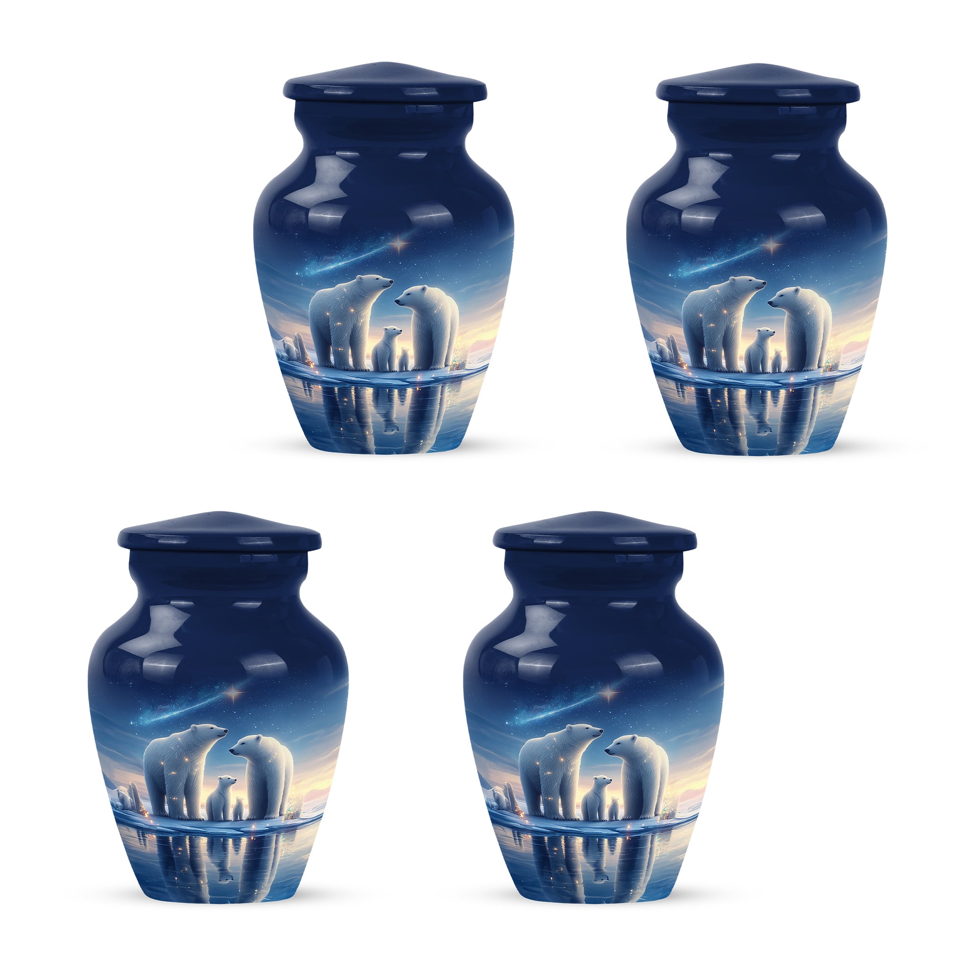 Cornflower Blue Bear Cremation Urn side profile showing urn shape - elegant classic bear relief with fine detailing - 10 inch aluminum urn for cremated remains