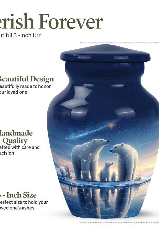 Icy Blue Bear Cremation Urn close-up of engraving and surface detail - classic sculpted bear pattern on smooth aluminum - mini keepsake memorial for portion of cremation ashes