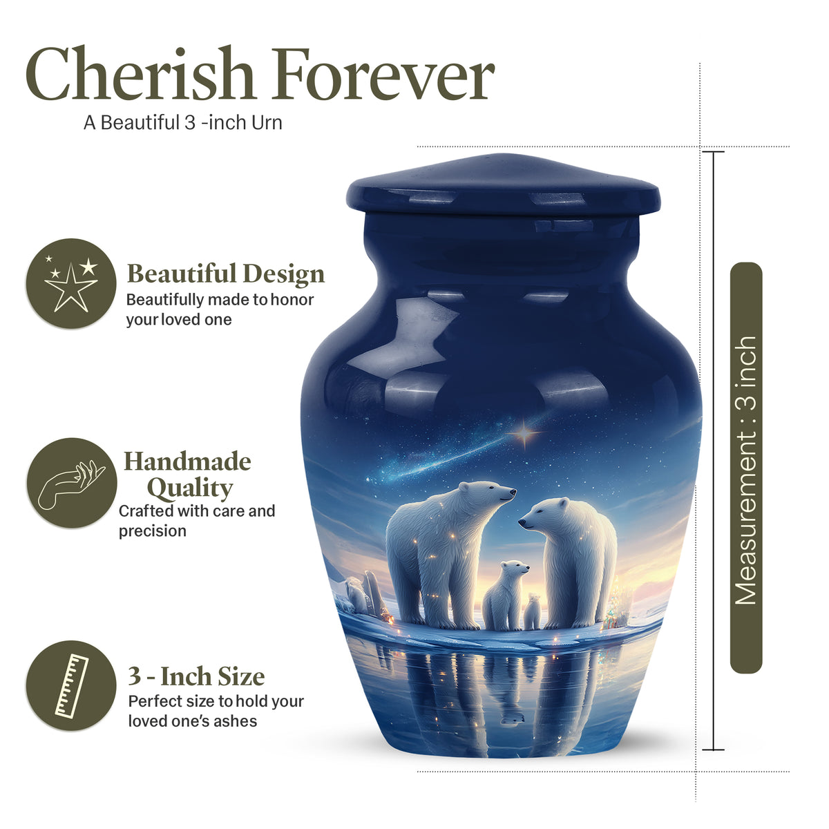 Icy Blue Bear Cremation Urn close-up of engraving and surface detail - classic sculpted bear pattern on smooth aluminum - mini keepsake memorial for portion of cremation ashes