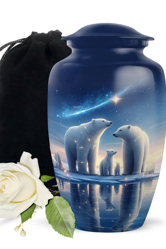 Icy Blue Bear Cremation Urn angled view of lid and engraved motif - timeless bear motif etched into premium metal - full-size 10 inch 200 cubic inch adult cremation urn