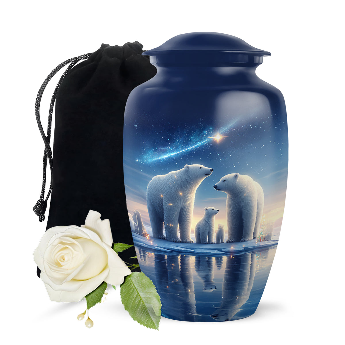 Icy Blue Bear Cremation Urn angled view of lid and engraved motif - timeless bear motif etched into premium metal - full-size 10 inch 200 cubic inch adult cremation urn