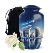Icy Blue Bear Cremation Urn angled view of lid and engraved motif - timeless bear motif etched into premium metal - full-size 10 inch 200 cubic inch adult cremation urn