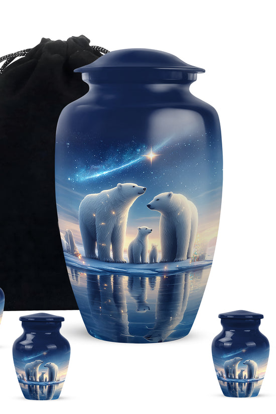 Cornflower Blue Bear Cremation Urn top-down view of secure threaded lid - traditional bear engraving with hand-polished finish - memorial set with one large and four small urns