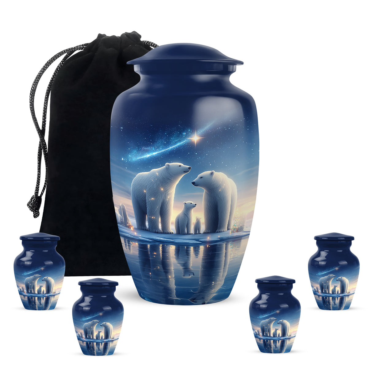 Cornflower Blue Bear Cremation Urn top-down view of secure threaded lid - traditional bear engraving with hand-polished finish - memorial set with one large and four small urns