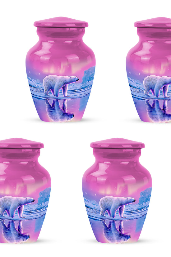 Coral Pink Bear Cremation Urn side profile showing urn shape - classic sculpted bear pattern on smooth aluminum - 10 inch aluminum urn for cremated remains