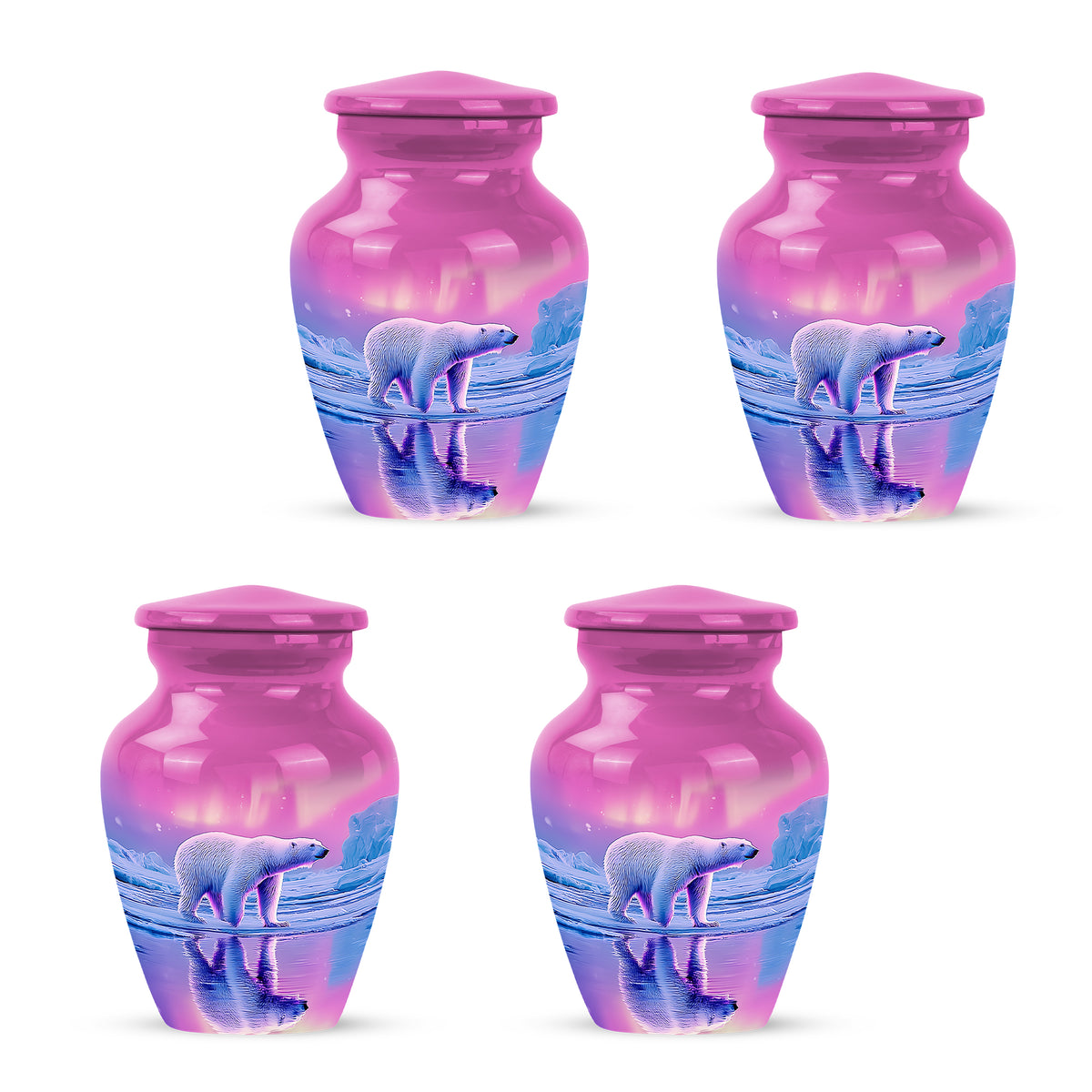 Coral Pink Bear Cremation Urn side profile showing urn shape - classic sculpted bear pattern on smooth aluminum - 10 inch aluminum urn for cremated remains