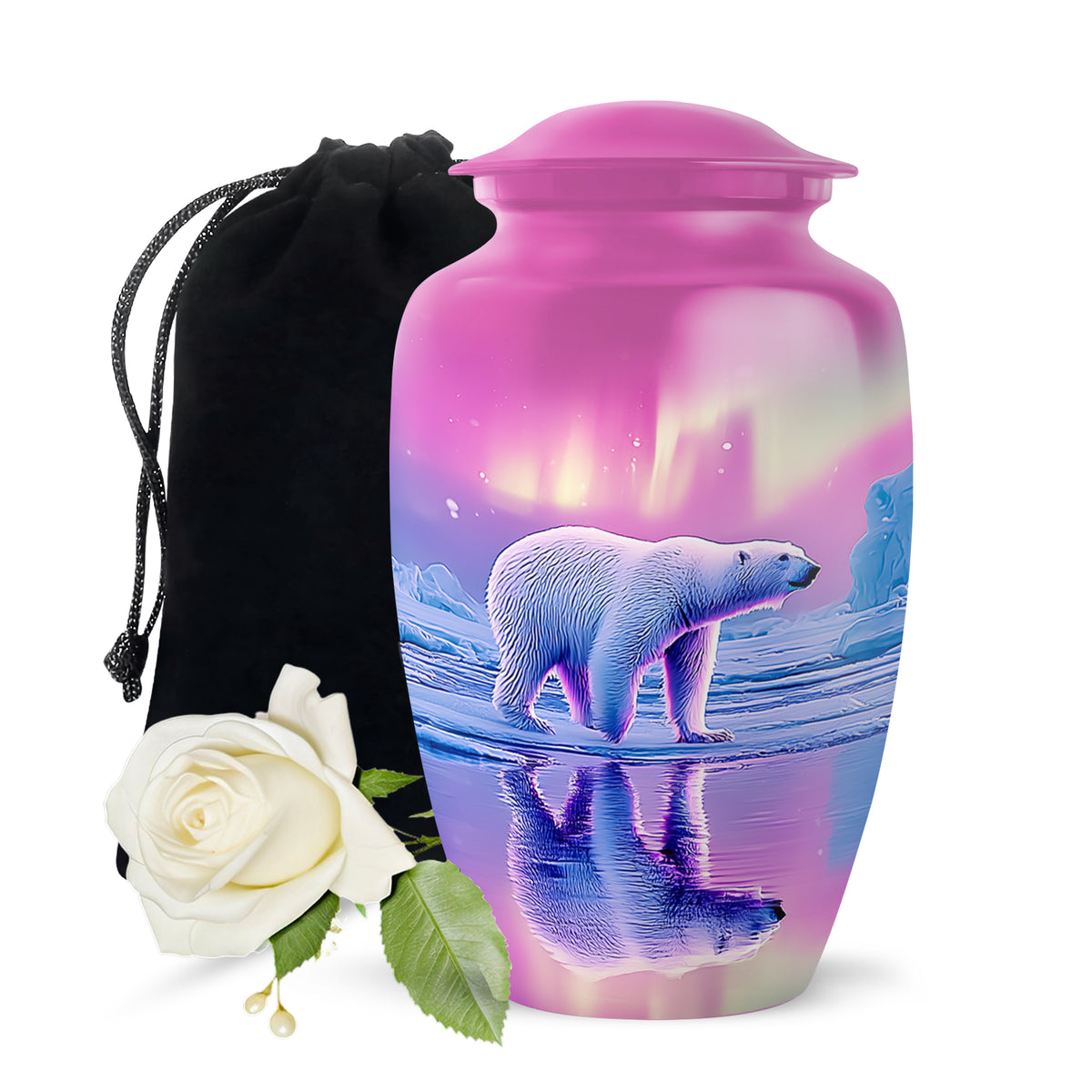 Dusty Pink Bear Cremation Urn angled view of lid and engraved motif - elegant classic bear relief with fine detailing - full-size 10 inch 200 cubic inch adult cremation urn