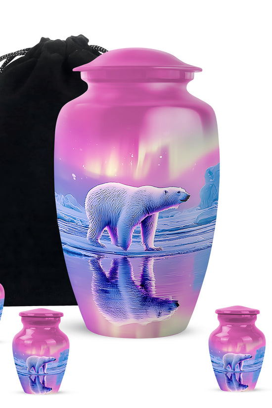 Pastel Pink Bear Cremation Urn top-down view of secure threaded lid - timeless bear motif etched into premium metal - memorial set with one large and four small urns