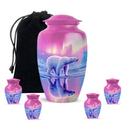 Pastel Pink Bear Cremation Urn top-down view of secure threaded lid - timeless bear motif etched into premium metal - memorial set with one large and four small urns