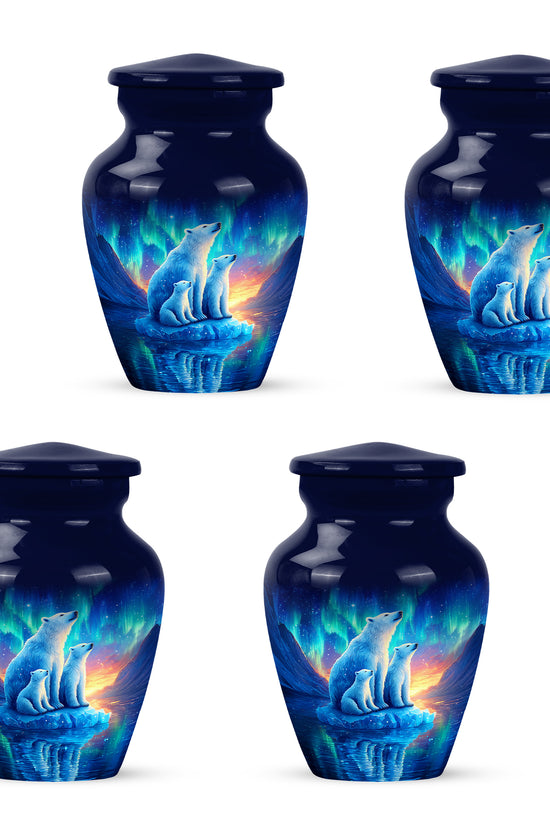 Steel Blue Bear Cremation Urn side profile showing urn shape - traditional bear engraving with hand-polished finish - 10 inch aluminum urn for cremated remains