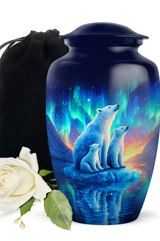 Vivid Blue Bear Cremation Urn angled view of lid and engraved motif - elegant classic bear relief with fine detailing - full-size 10 inch 200 cubic inch adult cremation urn