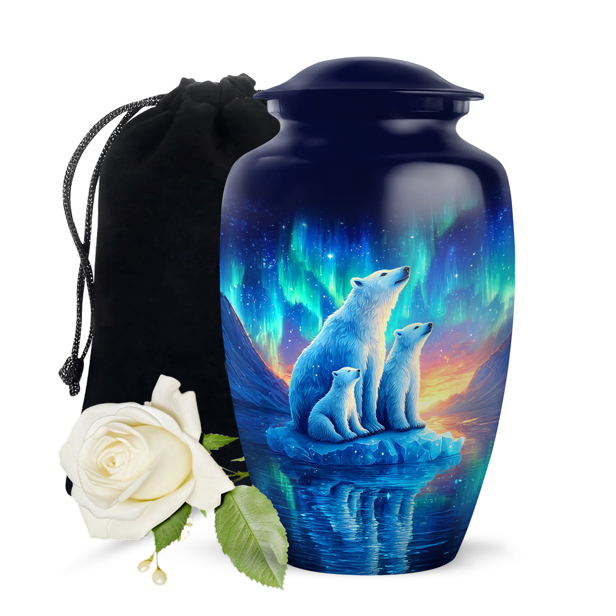 Vivid Blue Bear Cremation Urn angled view of lid and engraved motif - elegant classic bear relief with fine detailing - full-size 10 inch 200 cubic inch adult cremation urn