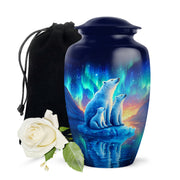 Vivid Blue Bear Cremation Urn angled view of lid and engraved motif - elegant classic bear relief with fine detailing - full-size 10 inch 200 cubic inch adult cremation urn