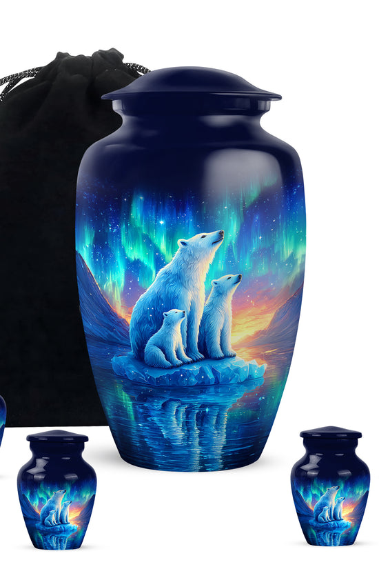 Serene Blue Bear Cremation Urn top-down view of secure threaded lid - traditional bear engraving with hand-polished finish - memorial set with one large and four small urns