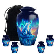 Serene Blue Bear Cremation Urn top-down view of secure threaded lid - traditional bear engraving with hand-polished finish - memorial set with one large and four small urns