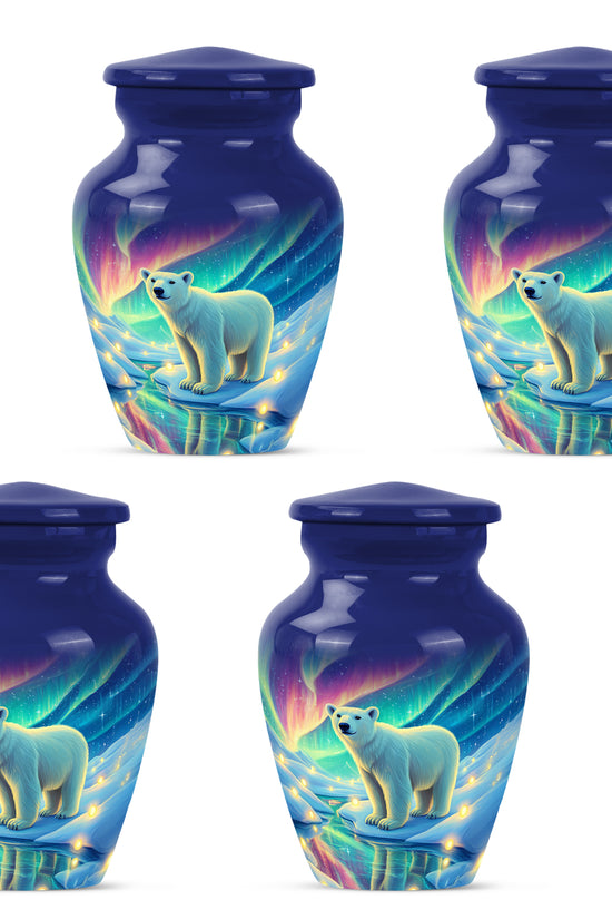 Indigo Bear Cremation Urn side profile showing urn shape - timeless bear motif etched into premium metal - 10 inch aluminum urn for cremated remains