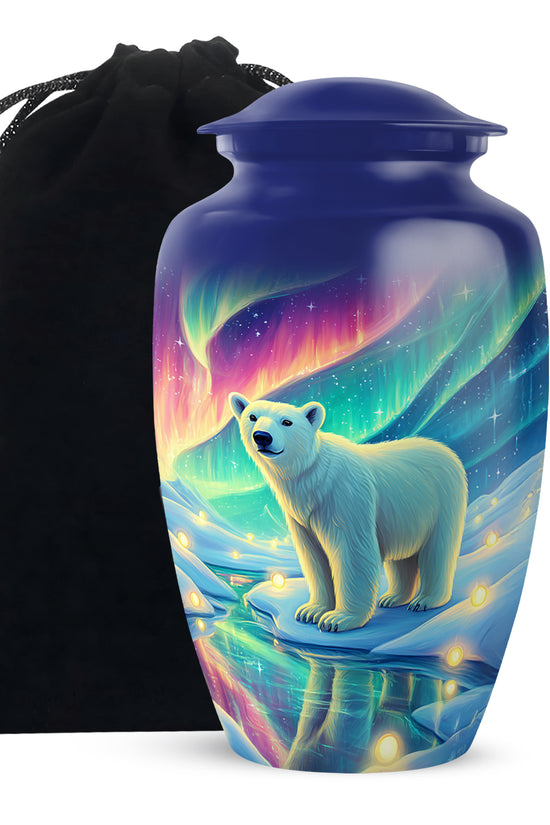 Twilight Blue Bear Cremation Urn angled view of lid and engraved motif - traditional bear engraving with hand-polished finish - full-size 10 inch 200 cubic inch adult cremation urn