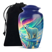 Twilight Blue Bear Cremation Urn angled view of lid and engraved motif - traditional bear engraving with hand-polished finish - full-size 10 inch 200 cubic inch adult cremation urn