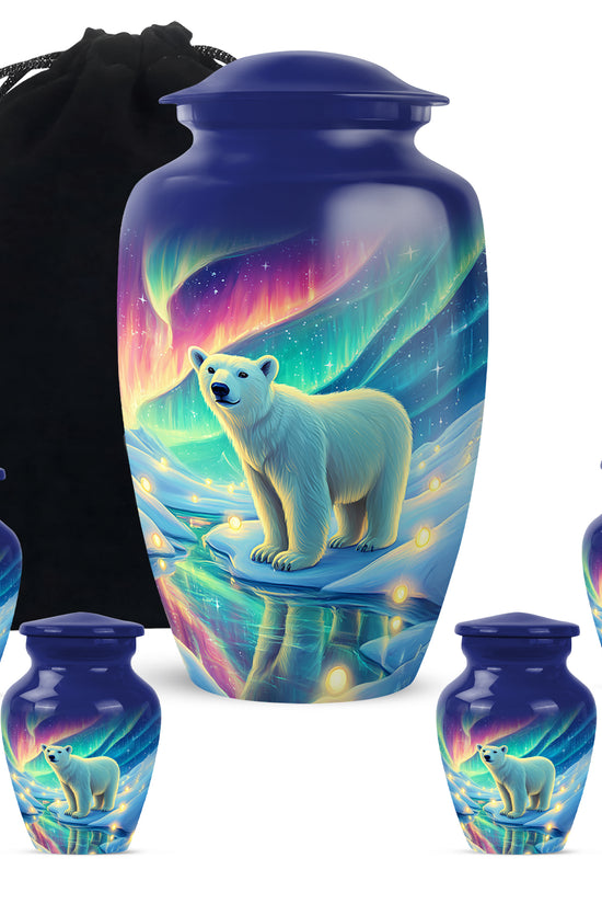 Celestial Blue Bear Cremation Urn top-down view of secure threaded lid - classic sculpted bear pattern on smooth aluminum - memorial set with one large and four small urns