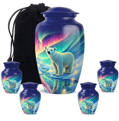 Celestial Blue Bear Cremation Urn top-down view of secure threaded lid - classic sculpted bear pattern on smooth aluminum - memorial set with one large and four small urns