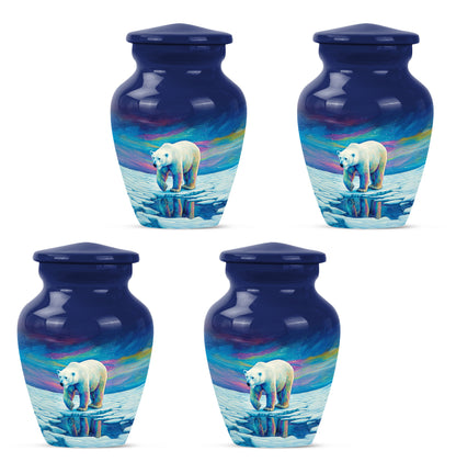 Sky Blue Bear Cremation Urn side profile showing urn shape - classic sculpted bear pattern on smooth aluminum - 10 inch aluminum urn for cremated remains