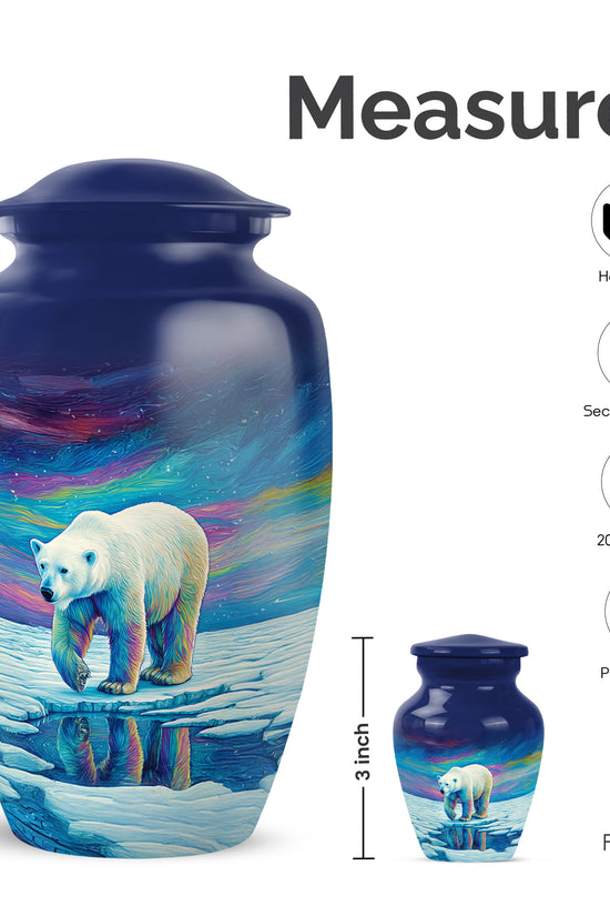 Azure Bear Cremation Urn close-up of engraving and surface detail - timeless bear motif etched into premium metal - mini keepsake memorial for portion of cremation ashes
