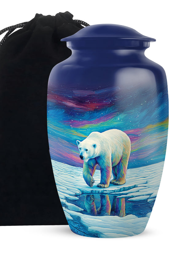 Pastel Blue Bear Cremation Urn angled view of lid and engraved motif - timeless bear motif etched into premium metal - full-size 10 inch 200 cubic inch adult cremation urn
