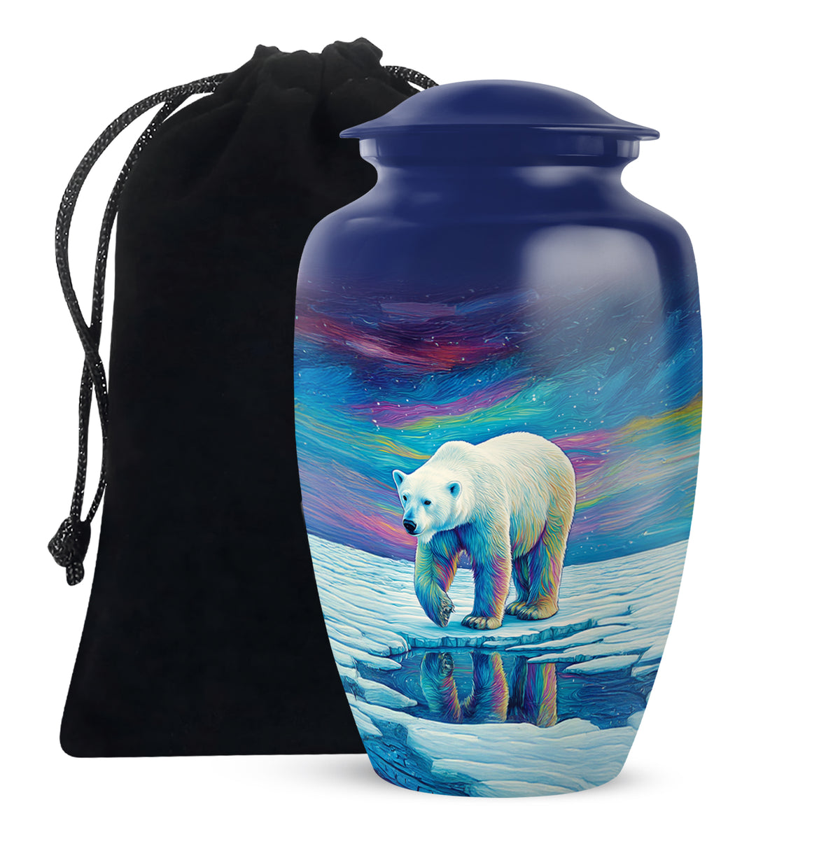 Pastel Blue Bear Cremation Urn angled view of lid and engraved motif - timeless bear motif etched into premium metal - full-size 10 inch 200 cubic inch adult cremation urn