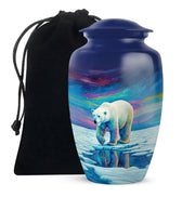 Pastel Blue Bear Cremation Urn angled view of lid and engraved motif - timeless bear motif etched into premium metal - full-size 10 inch 200 cubic inch adult cremation urn