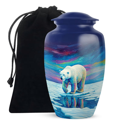 Pastel Blue Bear Cremation Urn angled view of lid and engraved motif - timeless bear motif etched into premium metal - full-size 10 inch 200 cubic inch adult cremation urn
