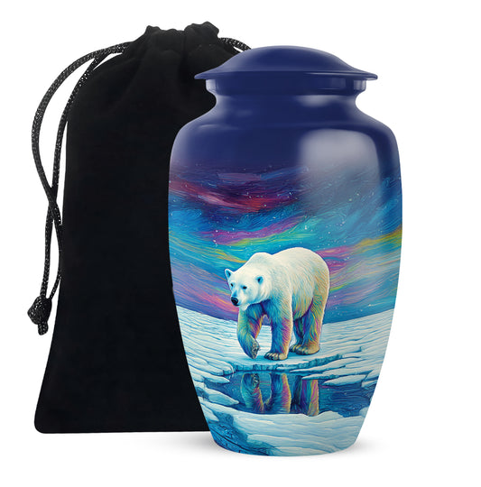 Pastel Blue Bear Cremation Urn angled view of lid and engraved motif - timeless bear motif etched into premium metal - full-size 10 inch 200 cubic inch adult cremation urn