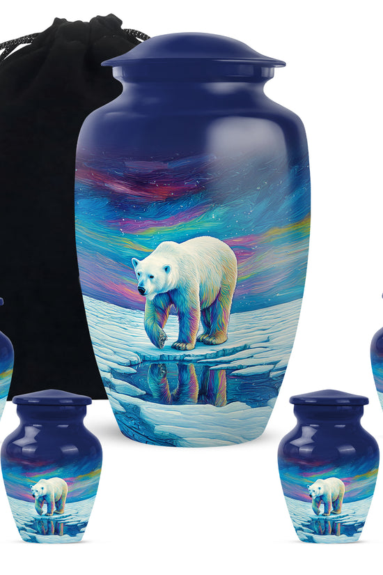 Indigo Bear Cremation Urn top-down view of secure threaded lid - timeless bear motif etched into premium metal - memorial set with one large and four small urns