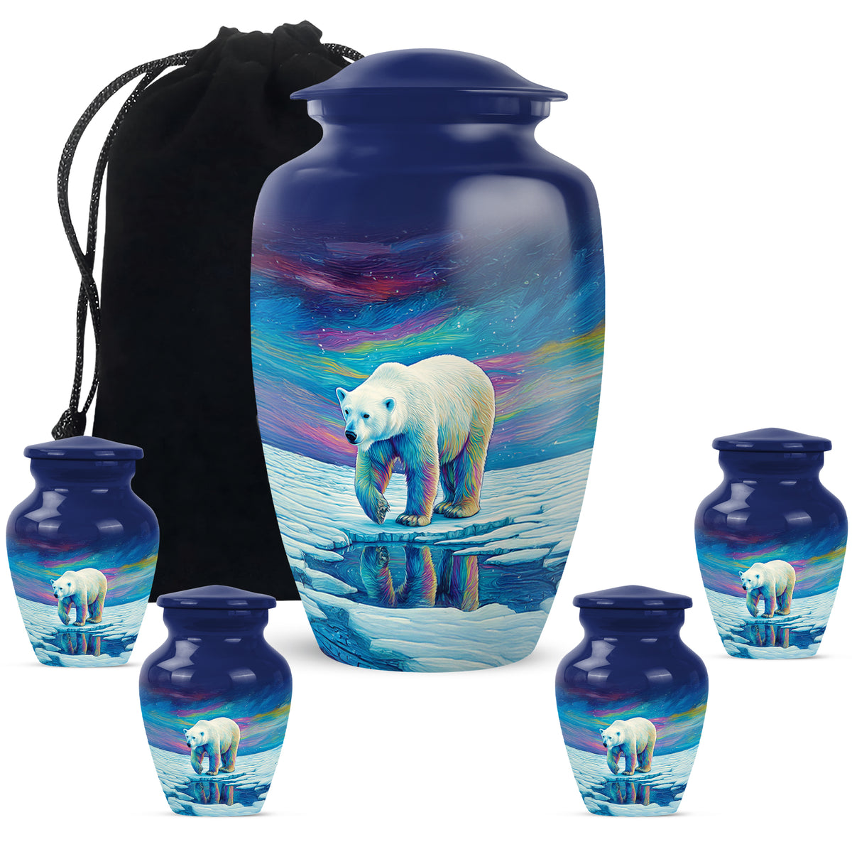 Indigo Bear Cremation Urn top-down view of secure threaded lid - timeless bear motif etched into premium metal - memorial set with one large and four small urns