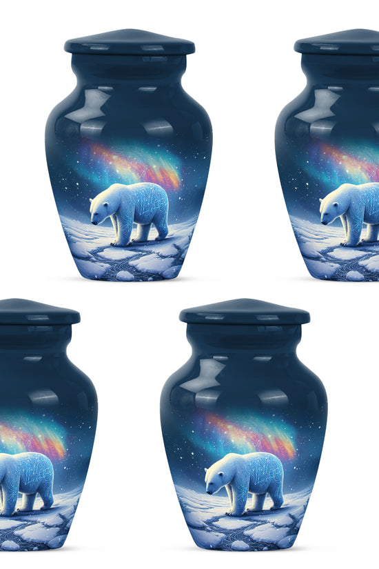 Calming Blue Bear Cremation Urn side profile showing urn shape - elegant classic bear relief with fine detailing - 10 inch aluminum urn for cremated remains