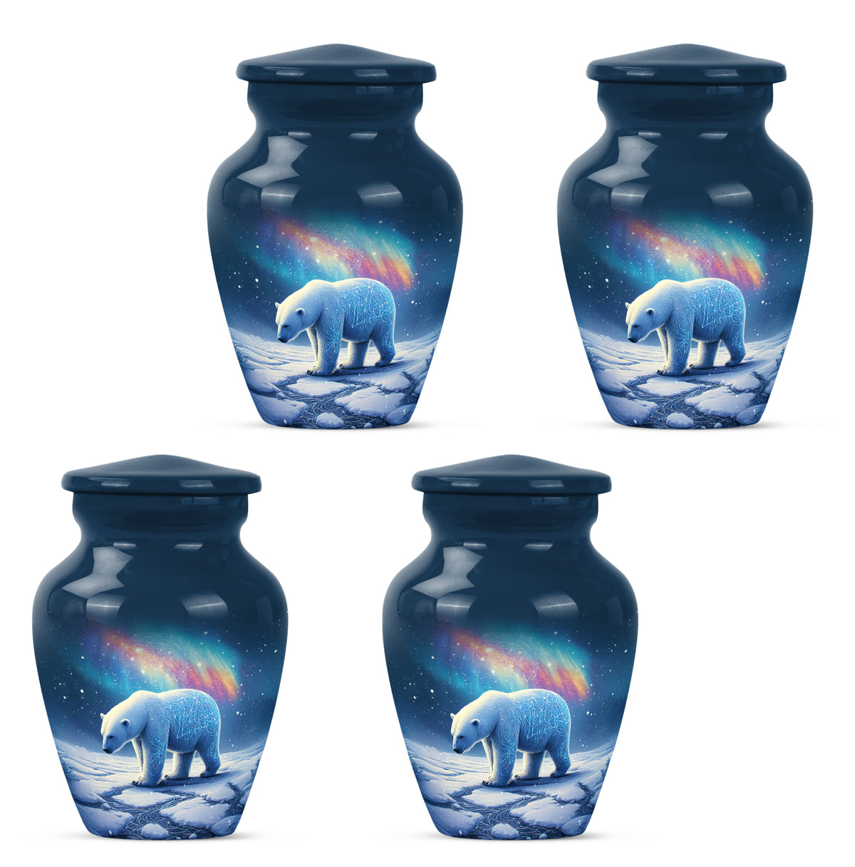 Calming Blue Bear Cremation Urn side profile showing urn shape - elegant classic bear relief with fine detailing - 10 inch aluminum urn for cremated remains