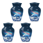 Calming Blue Bear Cremation Urn side profile showing urn shape - elegant classic bear relief with fine detailing - 10 inch aluminum urn for cremated remains