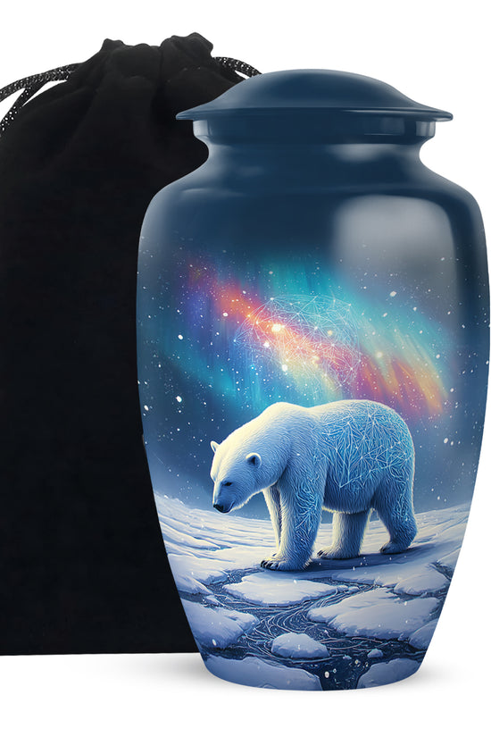 Misty Blue Bear Cremation Urn angled view of lid and engraved motif - timeless bear motif etched into premium metal - full-size 10 inch 200 cubic inch adult cremation urn