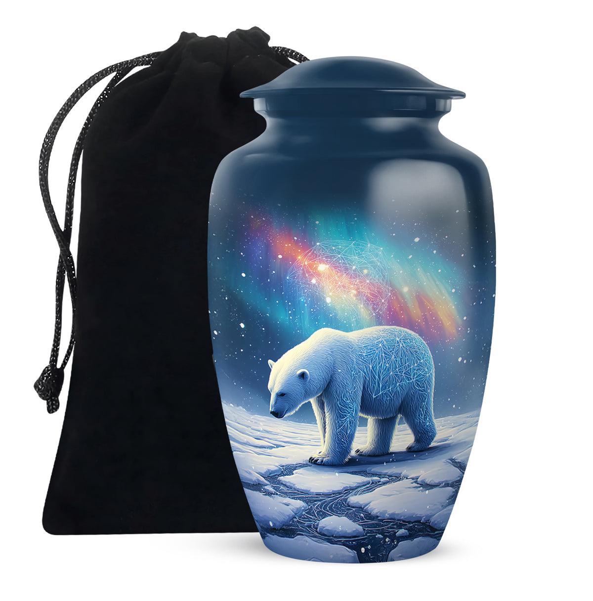 Misty Blue Bear Cremation Urn angled view of lid and engraved motif - timeless bear motif etched into premium metal - full-size 10 inch 200 cubic inch adult cremation urn